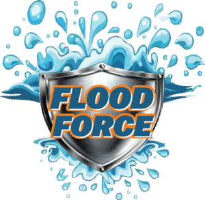 Flood Force logo featuring a shield with water splashes, representing emergency water damage restoration services.